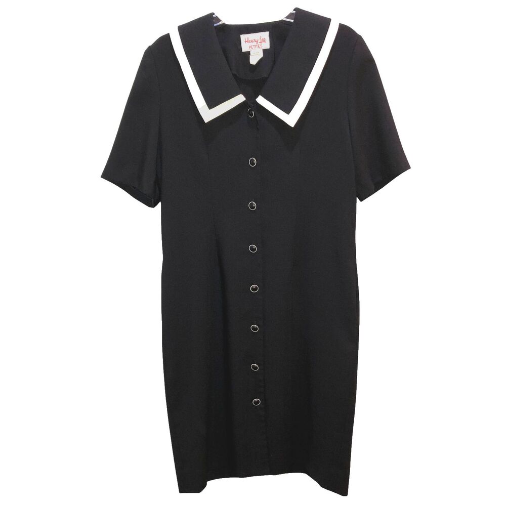 Vintage Henry Lee Petites Size 10 Black White Sailor Collar Button Front Dress